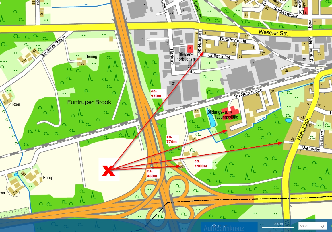 Ungefhre Abstnde der Mecklenbecker Wohnquartiere von der Windkraftanlage (Quelle/ Karte geo.stadt-muenster.de/stadtplan)